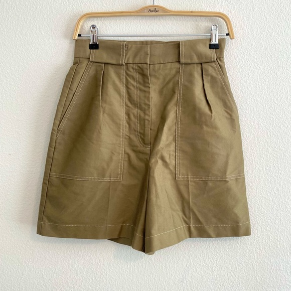 SANDRO Pleated High Rise Cotton-Faille Shorts Khaki $235 msrp - Picture 2 of 12